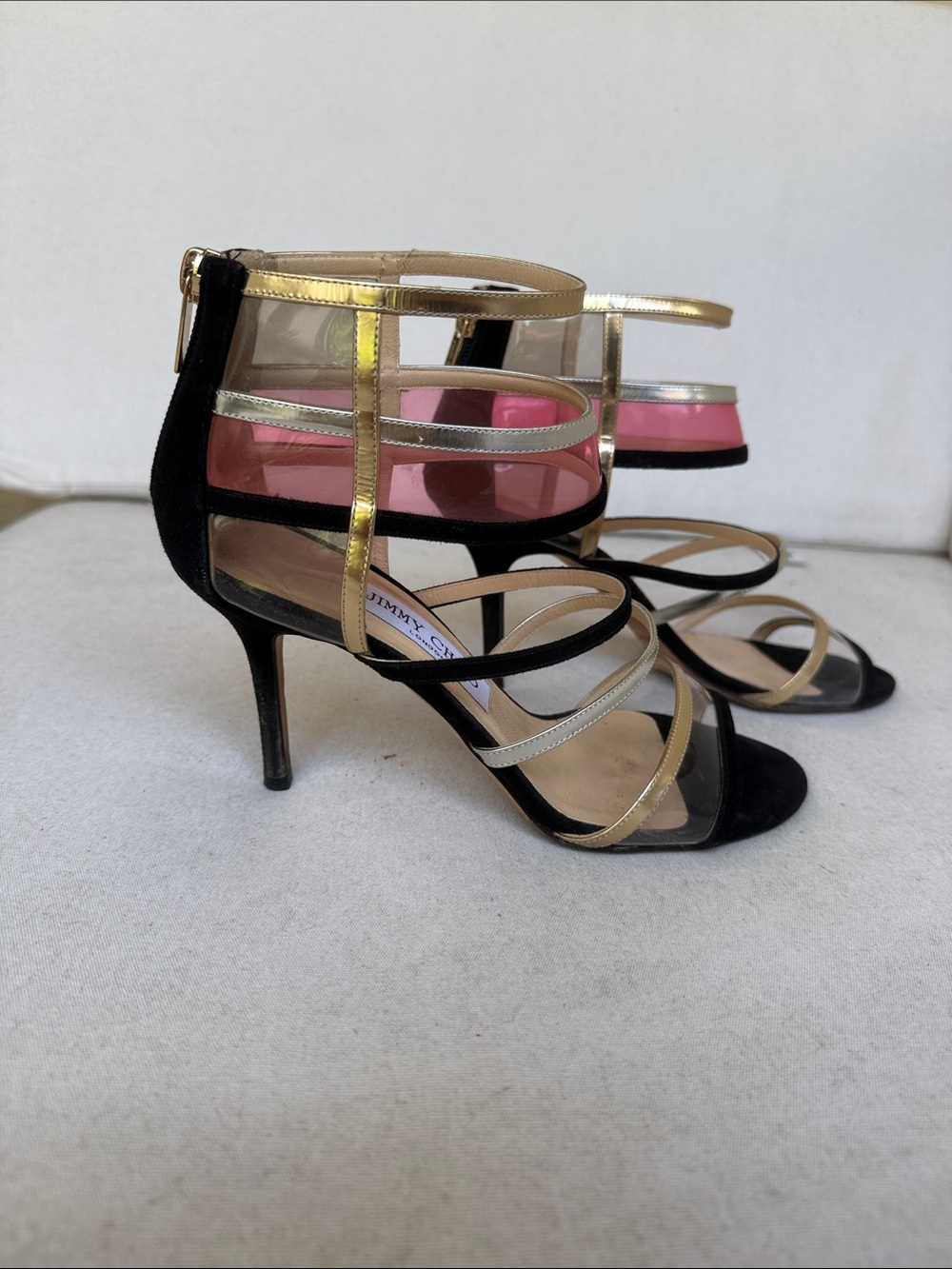 Jimmy Choo Gold, Black & Pink Strappy PVC Heels - Picture 2 of 5